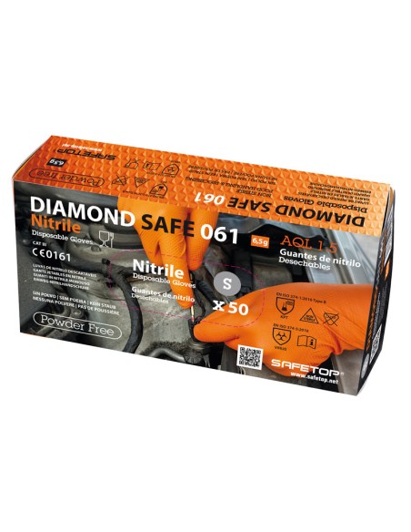 DIAMOND SAFE, guante químico naranja nitrilo diamante (pack de 10 cajas de 50un)
